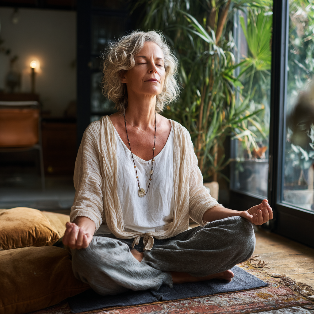 Middle-aged woman practicing meditation in a peaceful home environment with natural elements